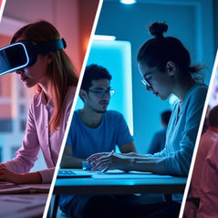 Illustration of modern designers using AI, VR, and digital tools in futuristic creative roles