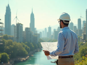 Architect overlooking a green, sustainable city amid climate change backdrop.