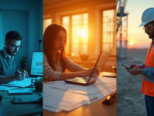 "Three professionals: an architect, a designer, and an engineer, each working in their respective environments."