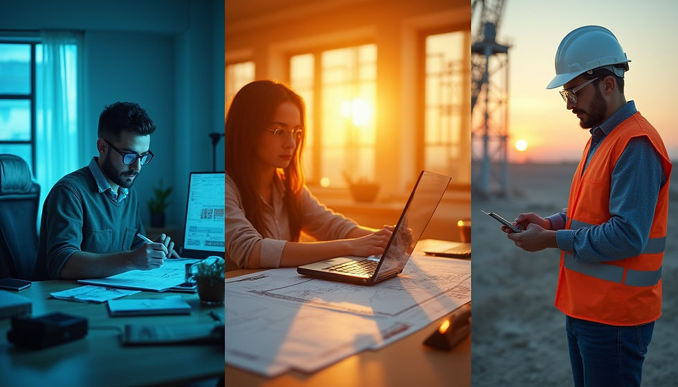 "Three professionals: an architect, a designer, and an engineer, each working in their respective environments."