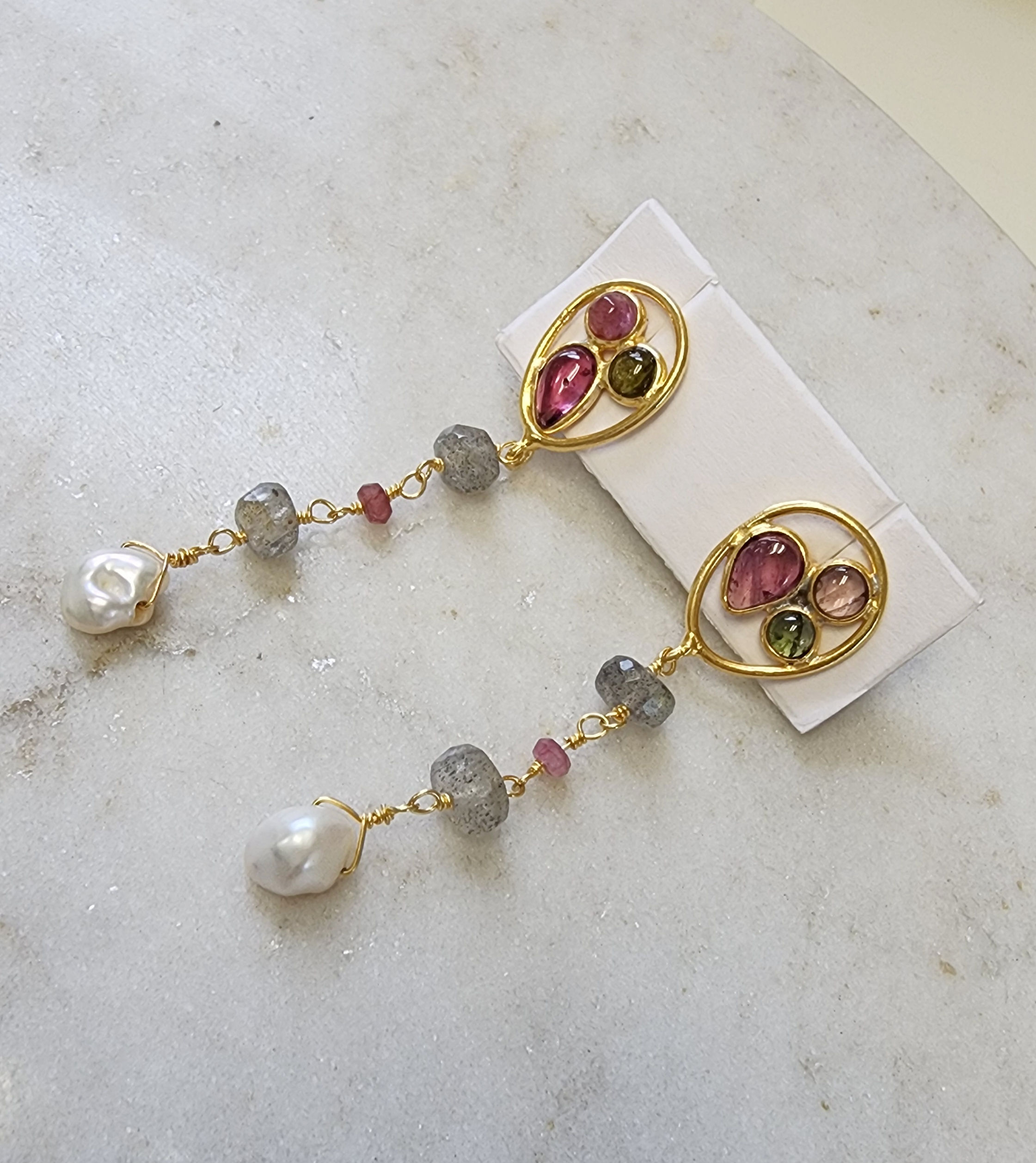 Elegant Tourmaline, Labradorite and Freshwater Pearl Earrings