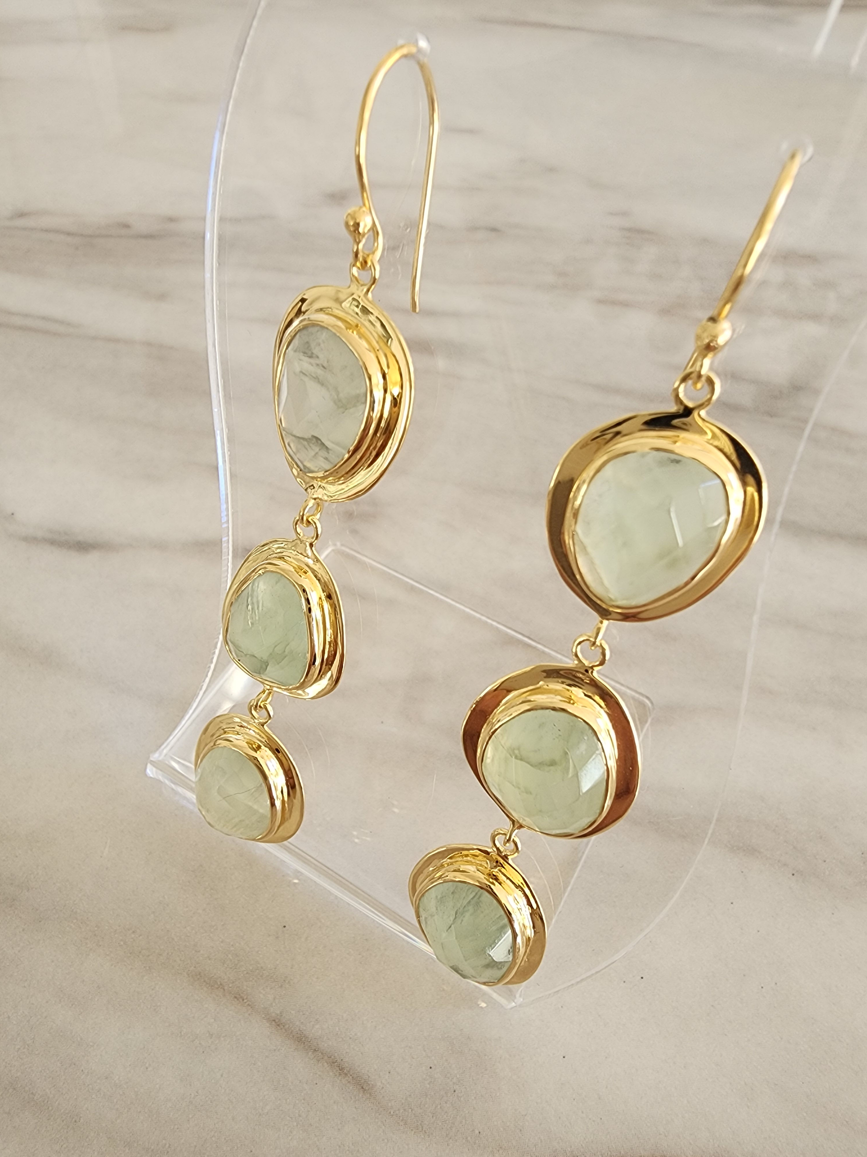 Bezel Set Prehnite Gemstone Trio Earrings