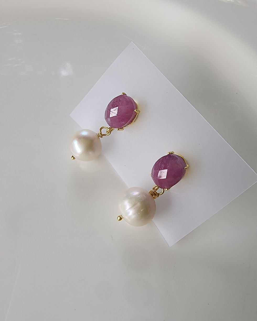 Thumbnail: Faceted Ruby with Pearl Post Earrings