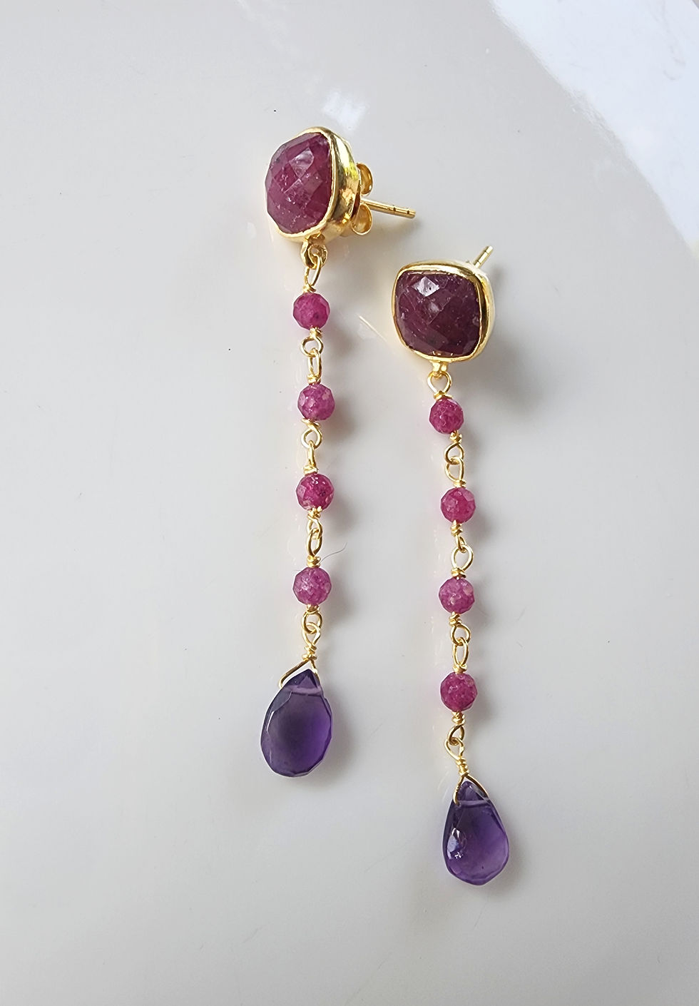 Thumbnail: Faceted Ruby and Amethyst Gemstone Long Post Earrings