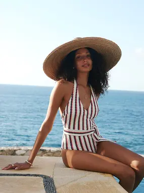 One piece, deep v-neck halter, striped.