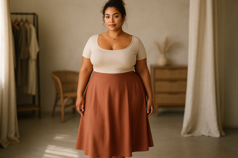 a beautiful woman with a pear shaped body stood in a dressing room