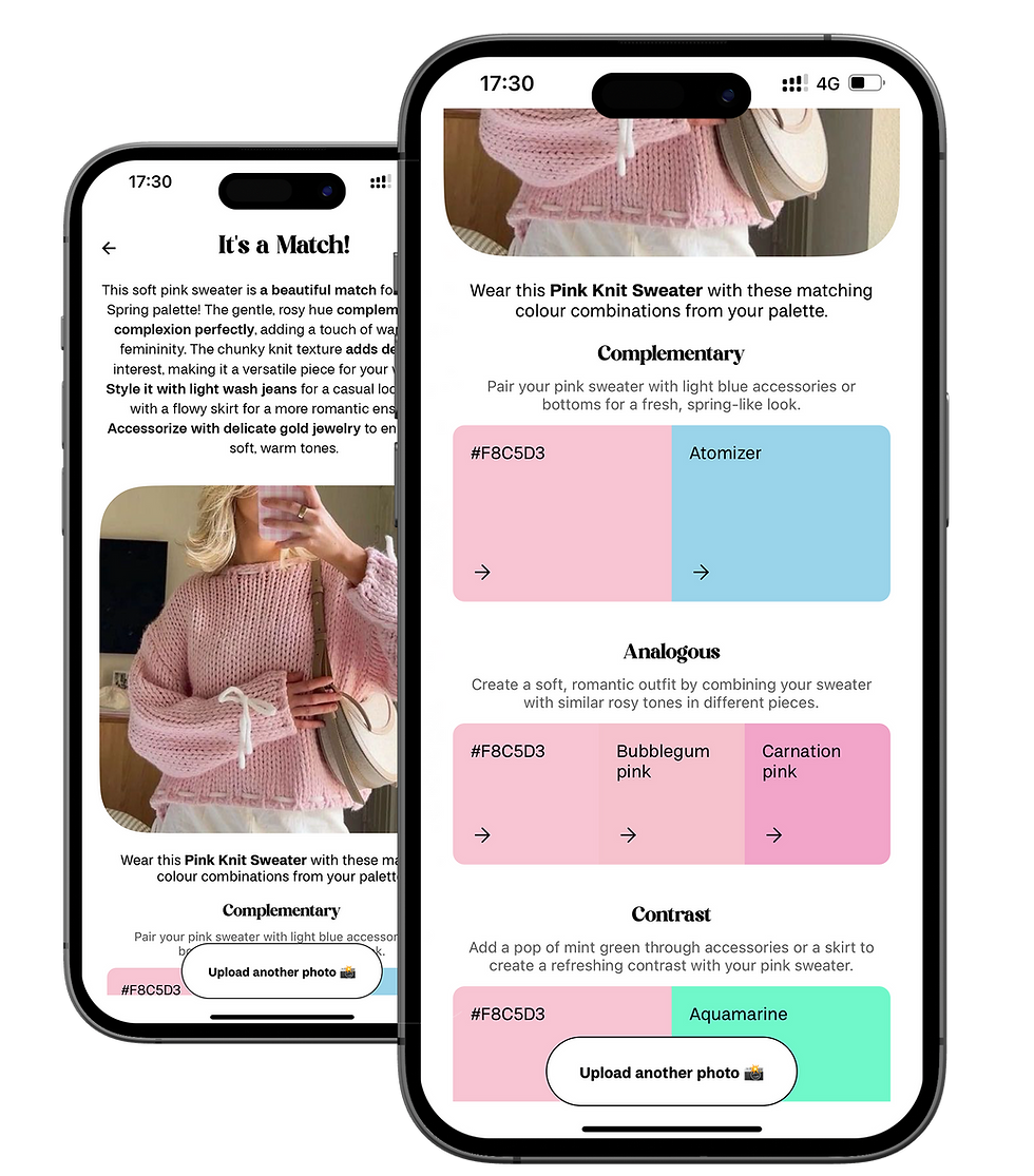 Two phones display a pink knit sweater outfit. Text suggests complementary, analogous, and contrasting color pairings. Time reads 17:30.