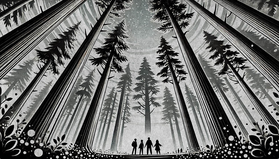 Four small figures standing together in a vast nighttime forest under a starry sky, showing the quiet power of small groups within massive systems.