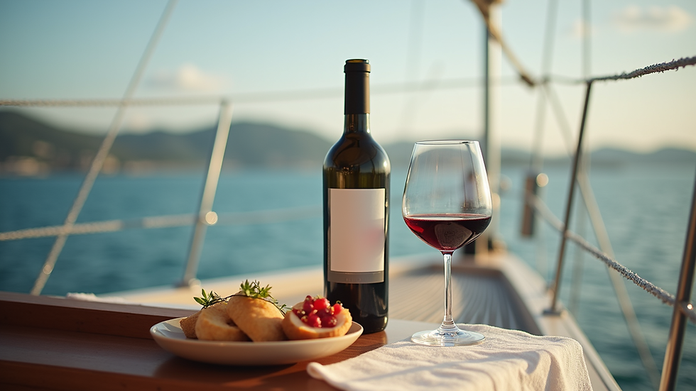 Nahaufnahme von Tapas und einem Glas Wein auf einem Segelboot