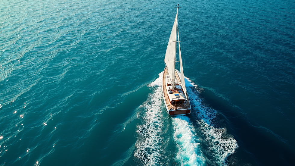 High angle view of a sailboat cutting through clear blue Mediterranean waters