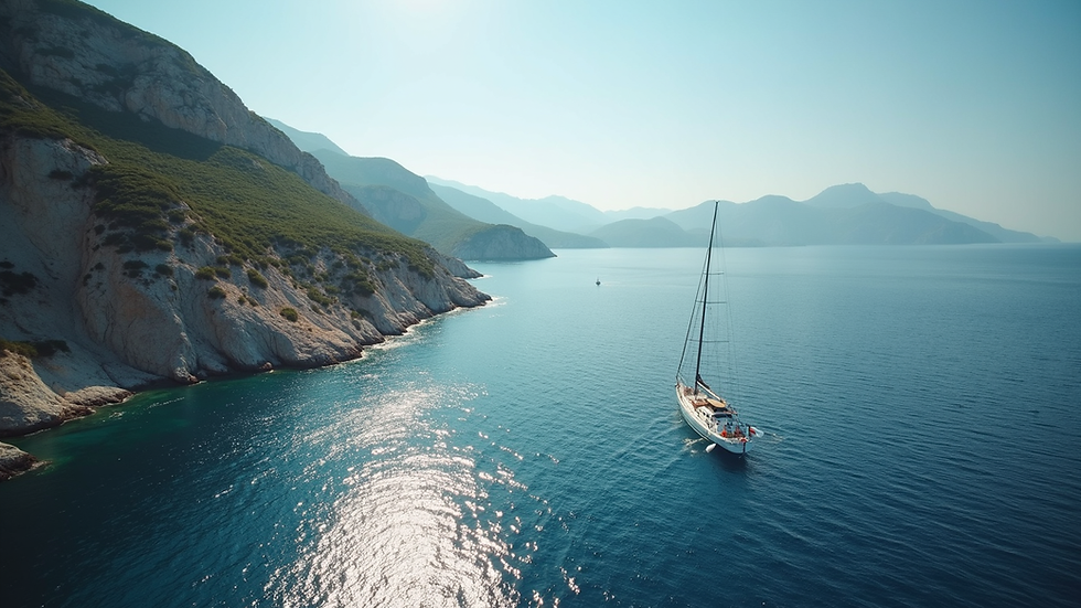 Blick aus der Vogelperspektive auf eine Segelyacht, die entlang der Küste von Cap Formentor segelt