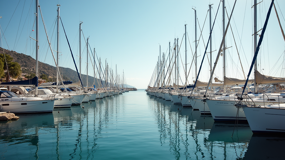 Augenhöheaufnahme eines ruhigen Yachthafens mit Bootsliegeplätzen auf Mallorca