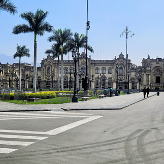 Plaza de Armas in Lima Peru with the historic Cathedral and colonial buildings.