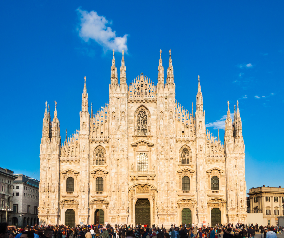 Milan Duomo cathedral exterior in Piazza del Duomo with detailed Gothic architecture
