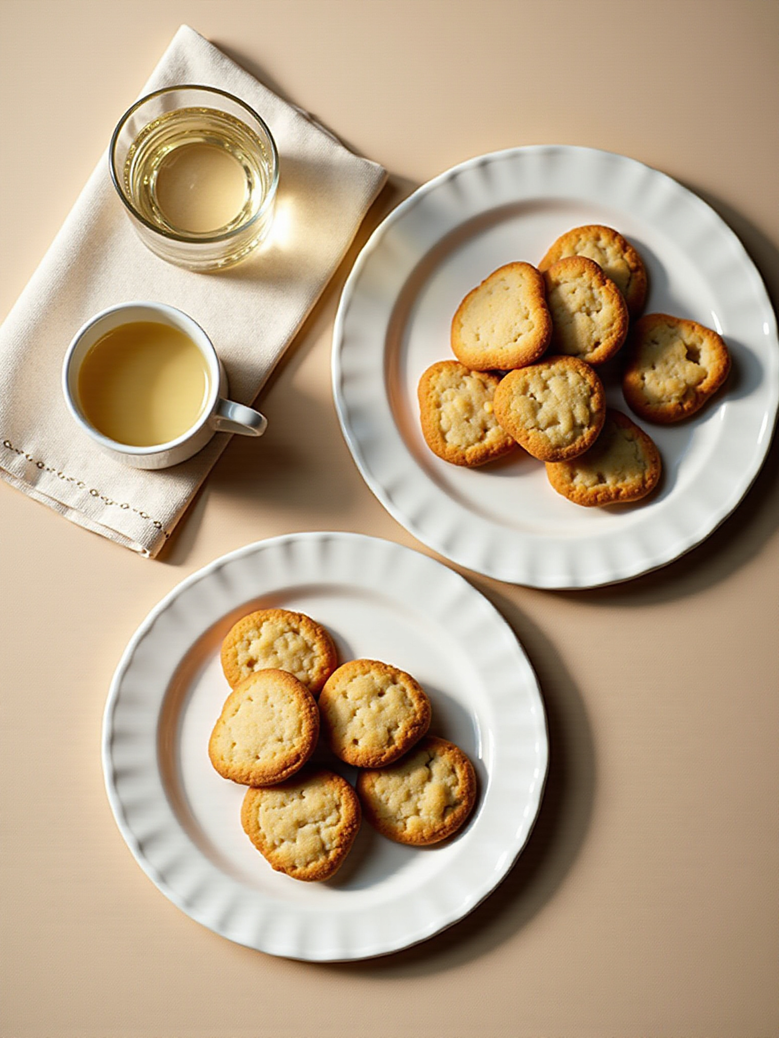 Golden cookies on two white plates with drinks and napkin.