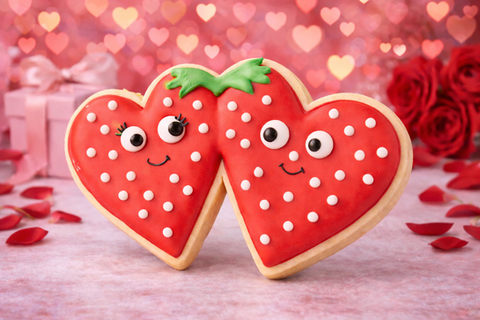 Two cute strawberry heart cookies with faces, pink bokeh background.