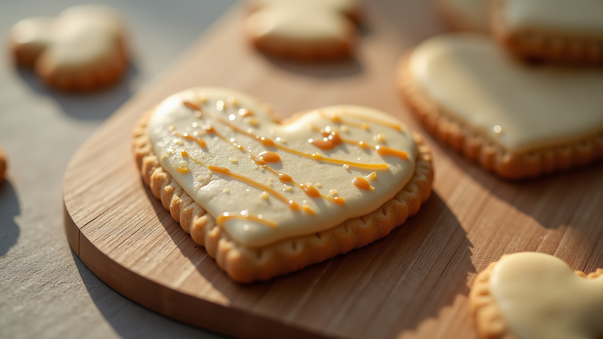 Heart-shaped cookie with white icing and caramel drizzle on a wooden board.