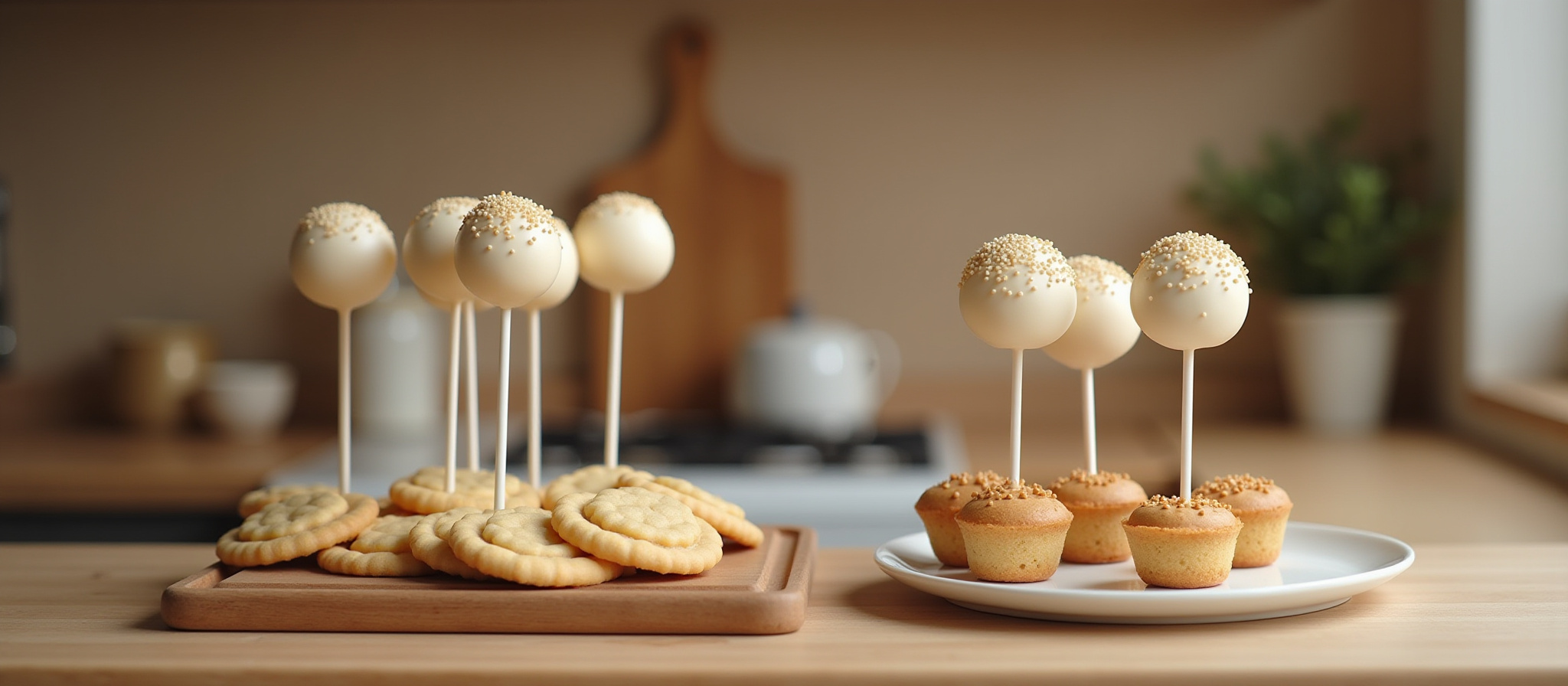 Light cake pops, cookies, and mini muffins on a kitchen counter.