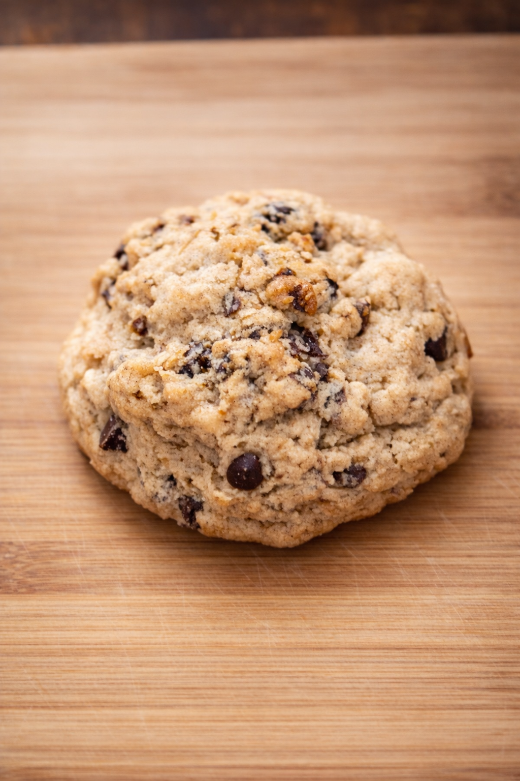 Delicious chocolate chip cookie with oats on a light wooden board.