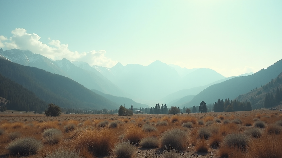 Wide angle view of a serene landscape with mountains in the background