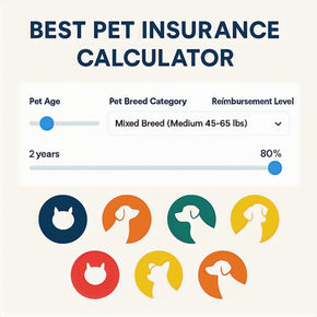 Interactive pet insurance cost calculator showing sliders for pet age, breed category, annual deductible, and reimbursement level to help users compare plan options and estimate long-term costs