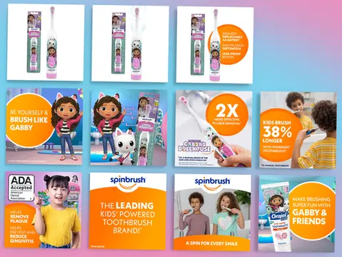 Amazon product images and promotional graphics for the Gabby’s Dollhouse Spinbrush, featuring colorful designs, Gabby and her friends, and key product benefits such as effective plaque removal and extended brushing time for kids.