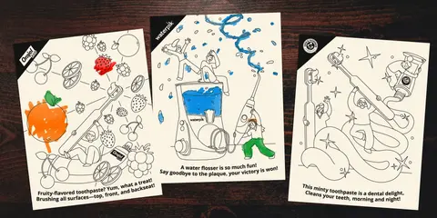 Illustration series featuring playful dental care scenes, including a toothbrush, water flosser, and minty toothpaste, with lively characters in imaginative settings, highlighting the fun of oral hygiene for kids.