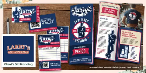 A comprehensive rebrand for Larry’s Appliance Repair, featuring a bold new logo, business cards, service receipts, brochures, and branded employee apparel, showcasing over 20 years of trusted experience.