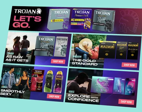 Trojan Amazon Storefront ads featuring bold, colorful designs promoting a variety of products including condoms, lubricants, and vibrators, with strong contrasts and dynamic imagery emphasizing confidence and quality.