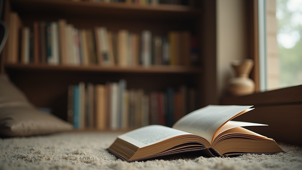 Eye-level view of a cozy reading nook with a stack of books