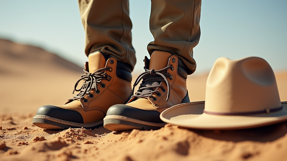 Close-up of hiking boots and a wide-brimmed hat on sandy desert ground