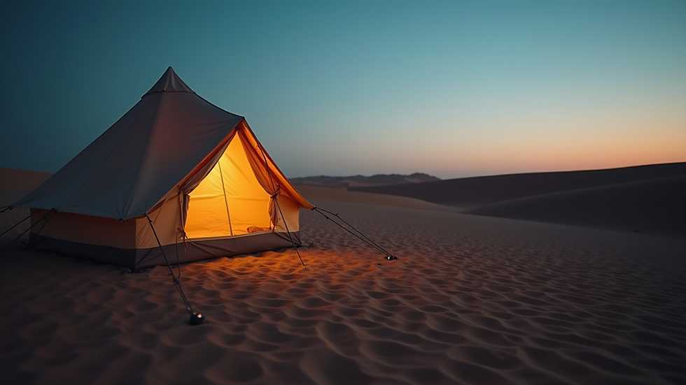 Eye-level view of a desert camp tent with soft lighting at dusk