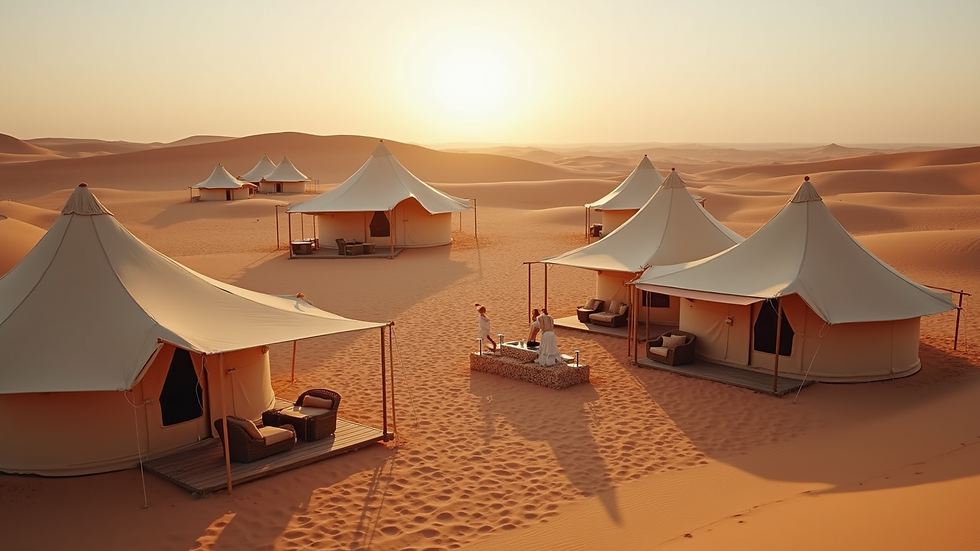 High angle view of a luxury desert camp with tents and outdoor seating