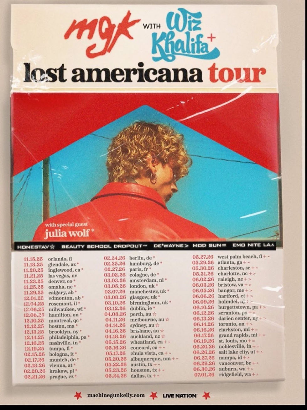Megan Thee? Actually poster for mgk with Wiz Khalifa Lost Americana Tour, red-blue cover, back view of curly-haired man, dates listed.
