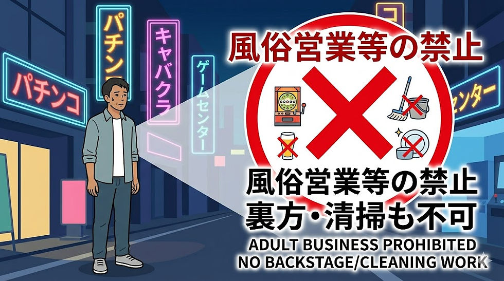資格外活動許可で禁止されている風俗営業等でのアルバイト(裏方や清掃業務も含む)