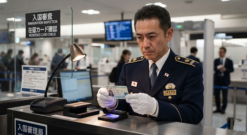 空港で在留カードの確認を行う入国審査官のイメージ