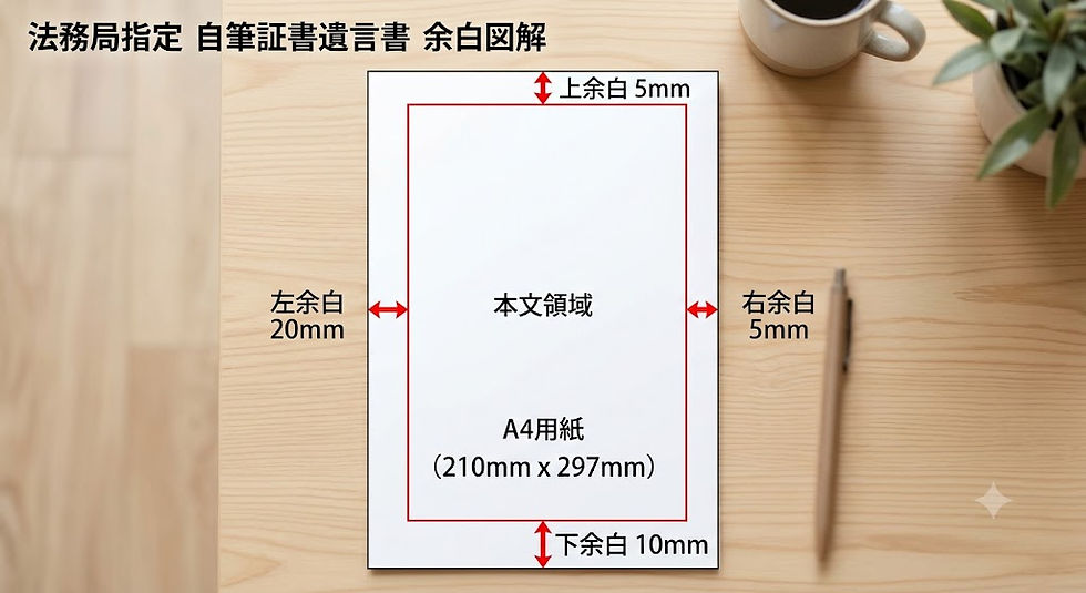 法務局指定の自筆証書遺言書の厳格な余白寸法(左20mm、上5mm、右5mm、下10mm)