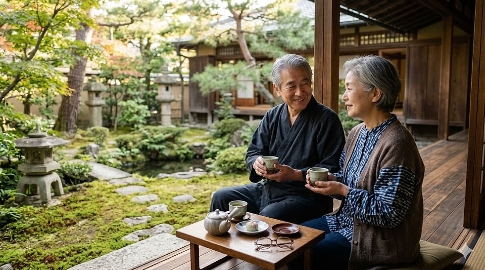 日本庭園のある伝統的な日本家屋の縁側で、お茶を飲みながら笑顔で談笑する高齢夫婦の画像