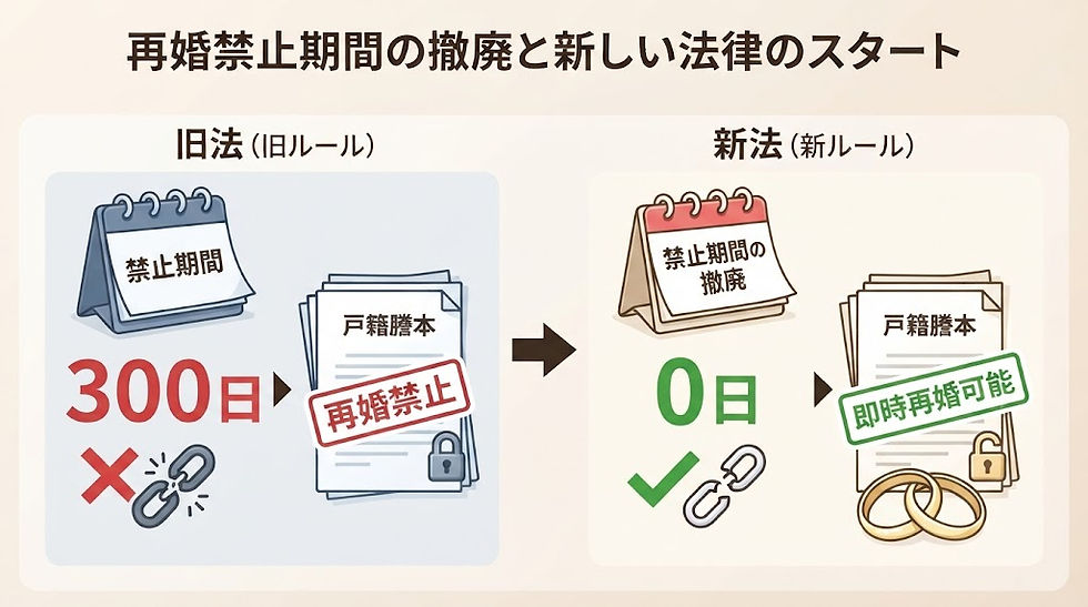 女性の再婚禁止期間の撤廃と300日ルールの例外を解説する最新民法のイメージ