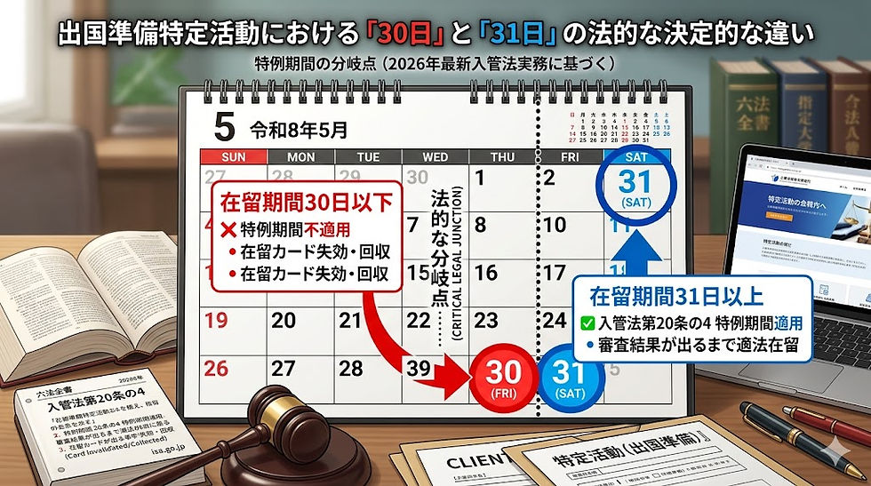 出国準備期間における30日と31日の法的効力の違いを強調したカレンダーのイラスト
