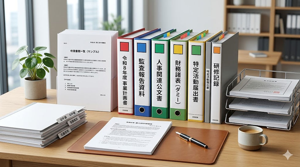 デスクに並ぶ事業計画書や監査報告、特定活動届出書などの背表紙が見える書類バインダー