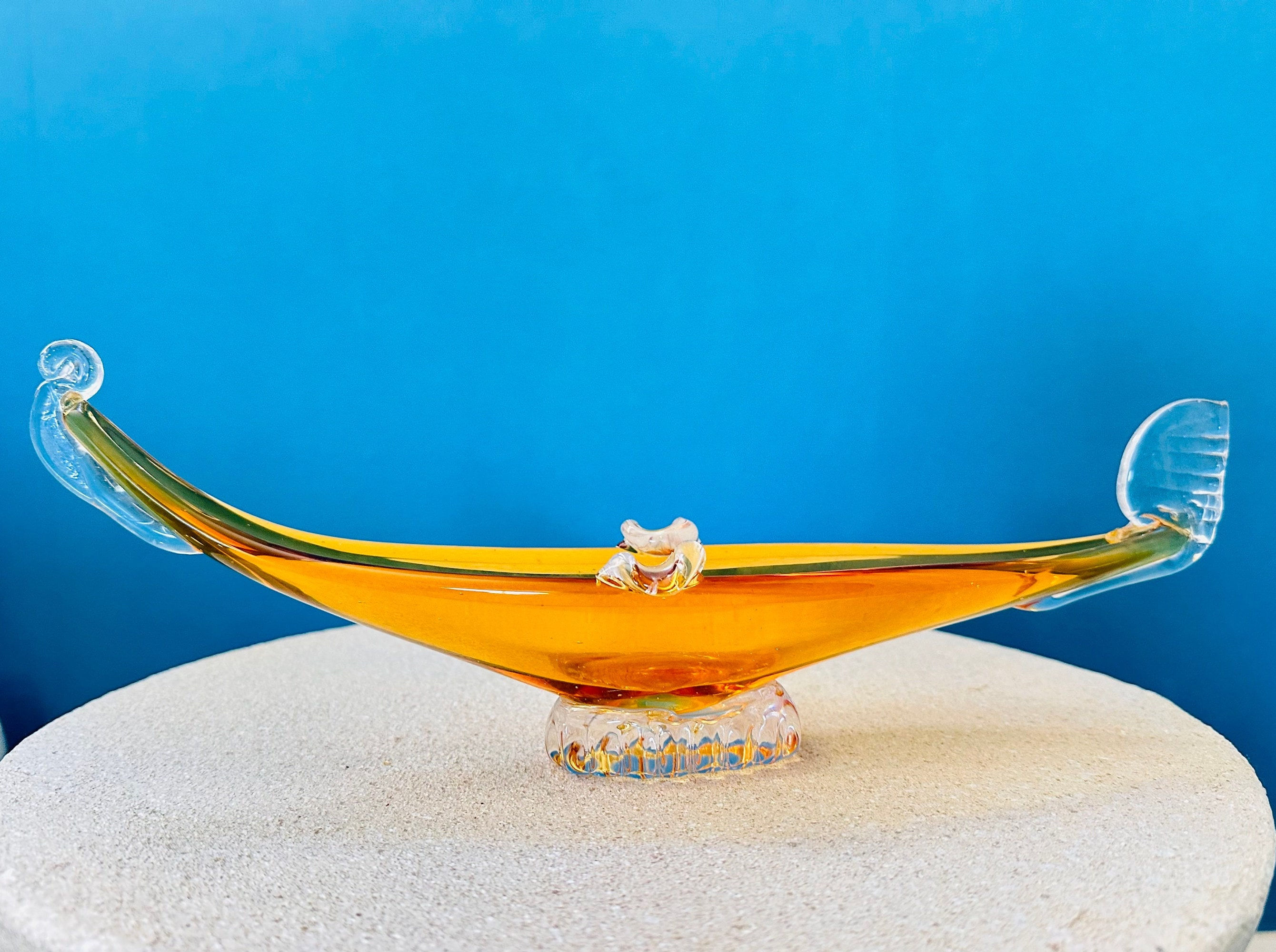 Vintage 1960s Murano Glass Venetian Orange Gondola Bowl Ashtray