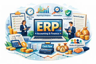 ERP accounting and finance dashboard with two business people, charts, cash, invoice, and labels for Accounts Payable and Compliance.