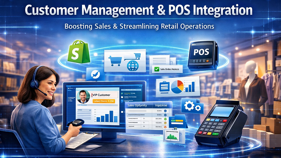 Smiling headset agent at computer with POS dashboard and payment terminal; retail tech icons and text Customer Management & POS Integration