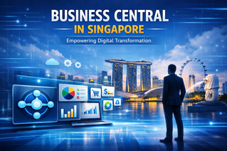 Business Central in Singapore banner with skyline, a man viewing digital analytics icons over Marina Bay at dusk.