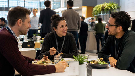 Employees eating lunch together in a bright workplace restaurant with healthy meals, showcasing a modern workplace catering environment that encourages employee wellbeing and team connection.