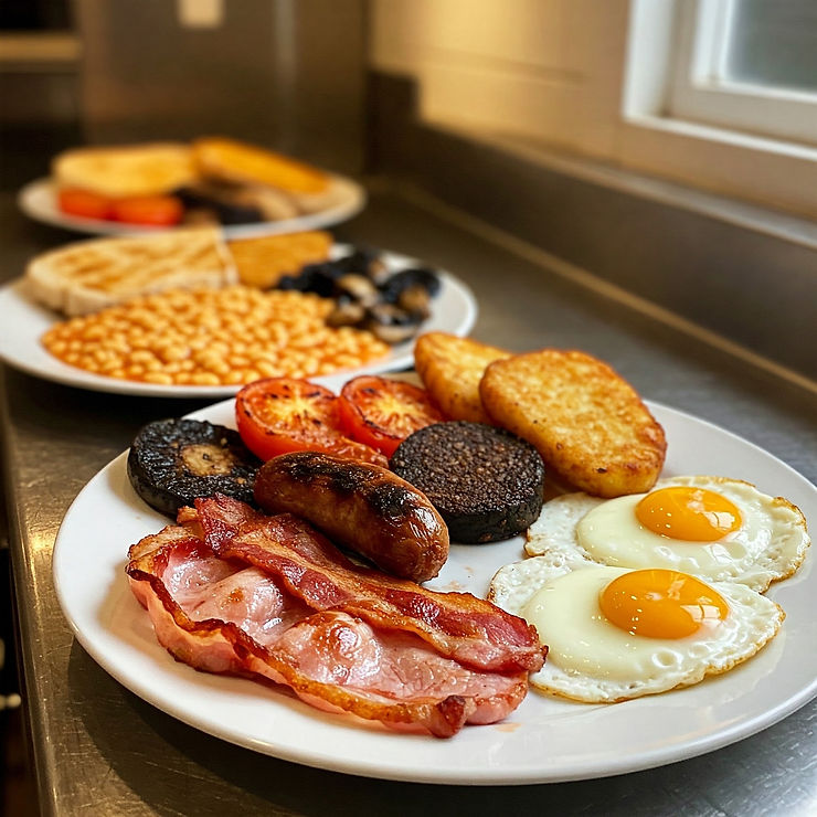 Full Irish Breakfast ready for service in staff canteen.