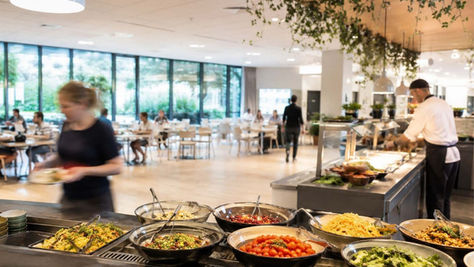 Contemporary contract catering operation in Ireland featuring fresh food stations, nutritious menu options and a modern workplace dining environment.