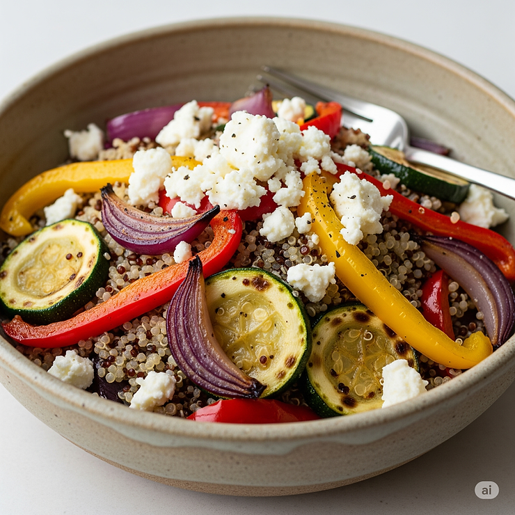Quinoa salad with roasted vegetables and feta cheese.
