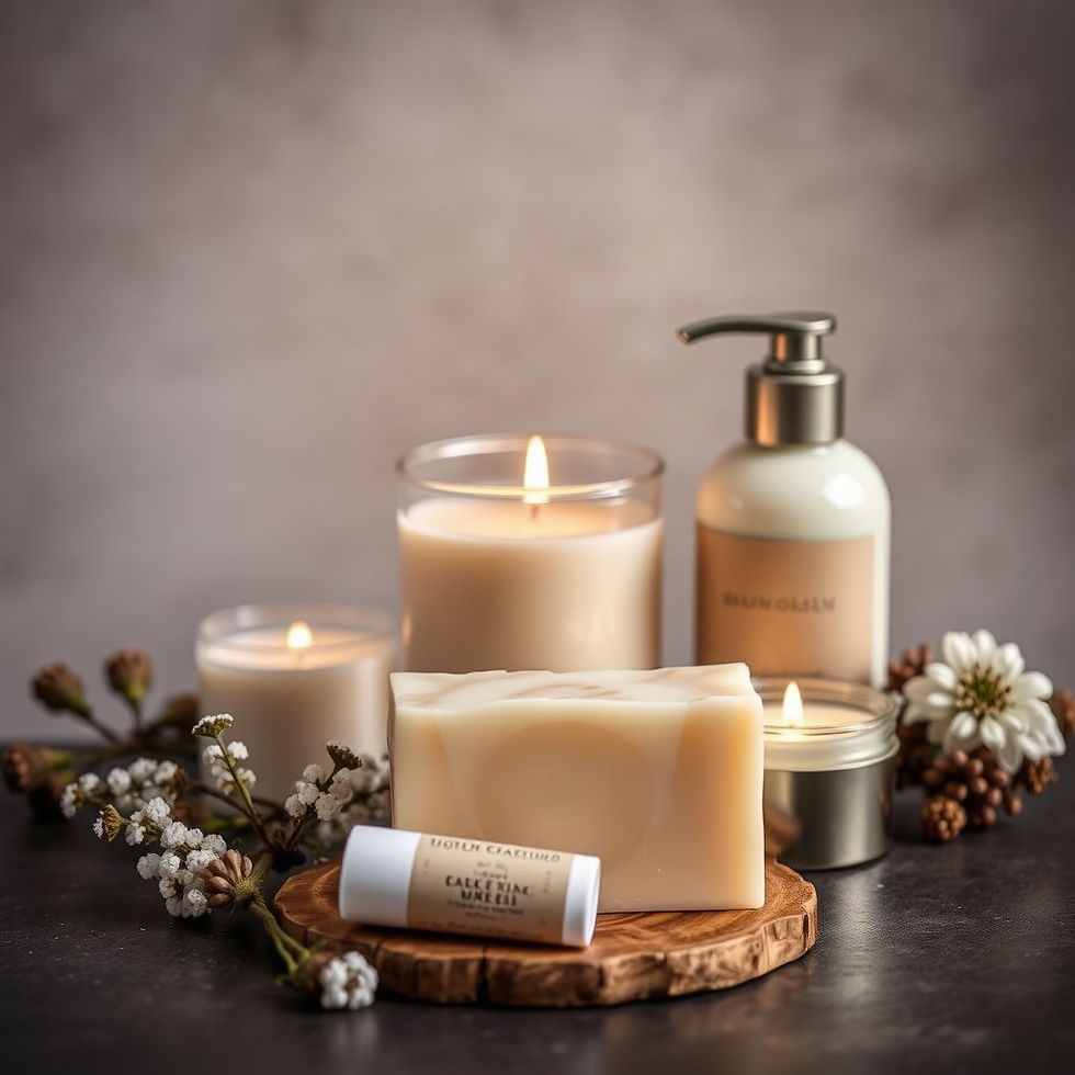 Spa set with lit candles, soap bar, and lotion